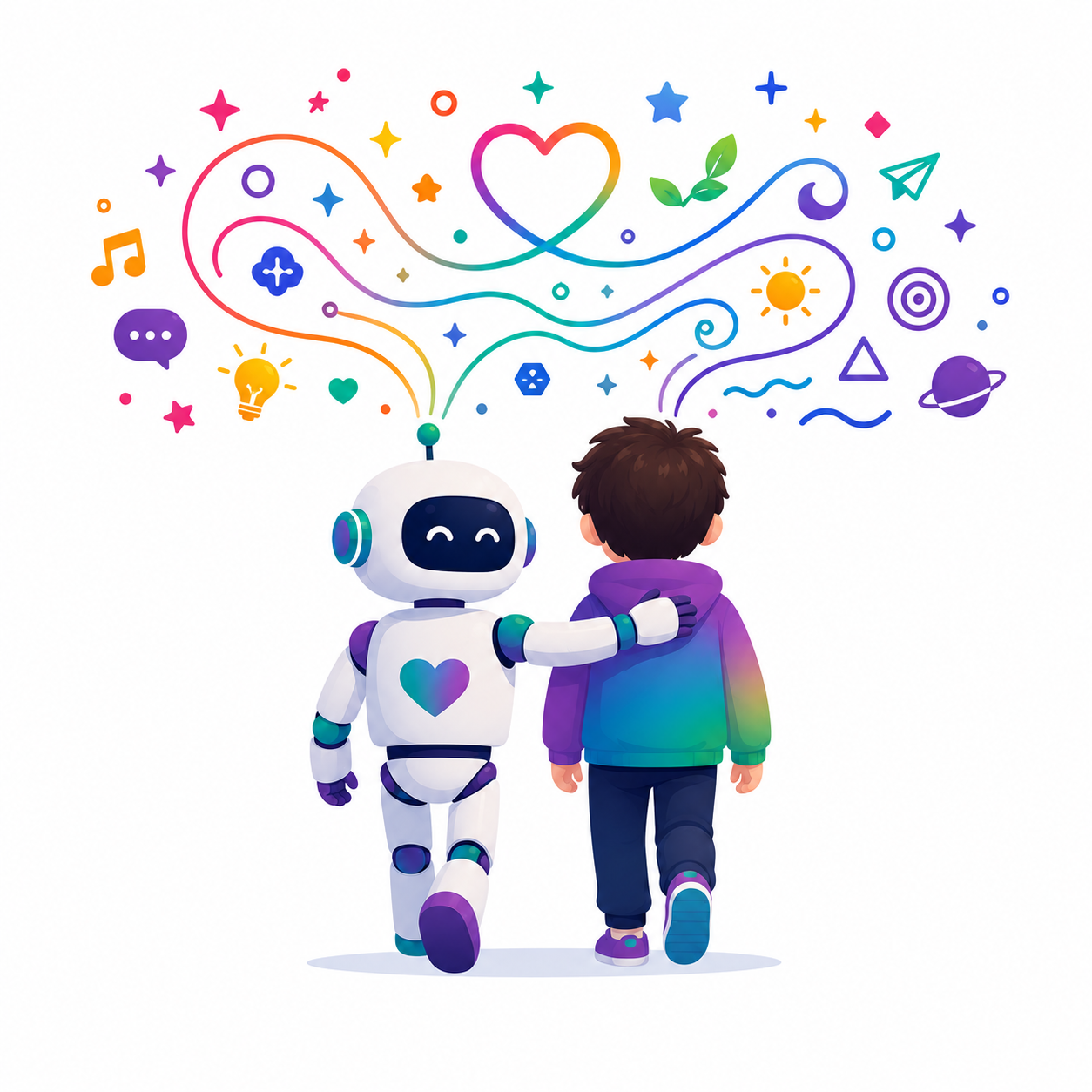 Friendly AI robot walking with a child, surrounded by colorful ideas